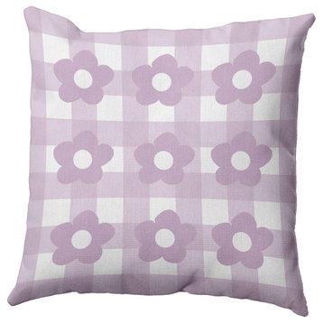 Flowers on Gingham Decorative Indoor/Outdoor Pillow, Purple, 20"x20"