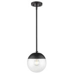 Golden Lighting - Golden Lighting 3219-S BLK-BLK Dixon - 1 Light Small Pendant - Mid-century modern design with a modern twist, these fashionable orbs are highly customizable. Available in clear or opal glass with plated chrome, pewter or brass hardware. Caps are available in a number of accent colors to further customize your look. Choose colors and finishes that complement your existing d+�cor or design your entire room around your favorite color combination. This small, rod-hung pendant features a may be hung individually or grouped over a bar.   Kitchen/Living/Dining No. of Rods: 4  Assembly Required: Yes  Canopy Included: Yes  Shade Included: Yes  Canopy Diameter: 4.75 x 0.75  Rod Length(s): 12.00  Dimable: YesDixon One Light Small Pendant Clear Glass *UL Approved: YES *Energy Star Qualified: n/a  *ADA Certified: n/a  *Number of Lights: Lamp: 1-*Wattage:60w Medium Base bulb(s) *Bulb Included:No *Bulb Type:Medium Base *Finish Type:Black/Navy