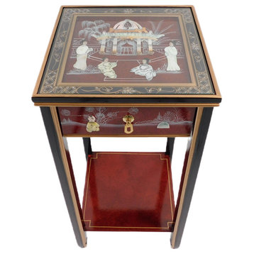 Red Oriental Stand With Drawer, Shelf and Glass Top