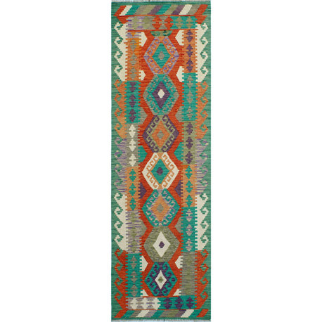 Flatweave Walton Red/Green Runner, 2'10x9'3