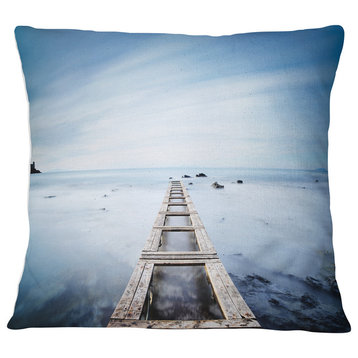 Wooden Jetty in Morning Blue Sea Landscape Wall Throw Pillow, 18"x18"