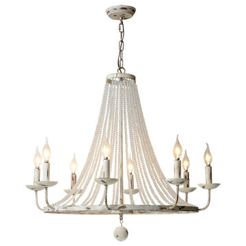 Crylite French Country Candle-Shaped Crystal Bead Strands Metal Wheel Chandelier, 8-Light