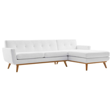 Midcentury Sectional Sofa, Rubberwood Legs & White Seat With Button Tufted Back
