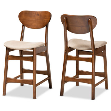 Katya Mid-Century SUpholstered Brown Finished Wood 2-Piece Counter Stool Set