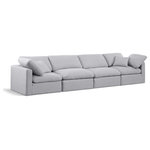 Meridian Furniture - Indulge Upholstered Modular Sofa, Grey, 4-Piece: 2 Armless Chair, 2 Corner Chair, Down Stuffed Linen Textured Fabric - Experience ultimate comfort and style with our grey linen textured fabric Indulge Sofa. The luxurious linen texture of the fabric will elevate the aesthetic of any room. This sofa provides ample space for you to relax while its modular build offers the option of unlimited configurations. Whether you're looking to add a stylish element to your living room or a comfortable seating option to your bedroom, this sofa is the perfect choice.