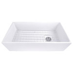 Nantucket Sinks USA - Nantucket Sinks 36" Farmhouse Fireclay Sink with Offset Drain and Grid - Nantucket Sinks T-FCFS36 - 36" white farmhouse fireclay sink includes bottom grid & drain. Features an offset drain. This sink is reversible so the drain can be placed on the side of your preference. Elegant lines and wide basin are just the right touch for a full-capacity kitchen! Sides of sink have a slight 1/4" taper from top to bottom. There are many benefits to fireclay. Its glazed surface inhibits bacterial growth more than stainless steel. It is eco-friendly requiring less cleansers. Apron Height is 10 inches. Due to the firing process, dimensions are nominal and may vary to actual up to .25". Custom cabinet required to support weight of this sink. * A note about fireclay: small cracks will appear on the unglazed underside of the sink, these are cosmetic only and have no impact on the performance of the sink.