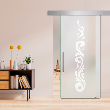 Sliding Glass Door With Frosted Designs ALU100, 26"x81", T-Handle Bars