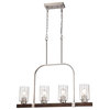 4-Light Brushed Nickel and Wood Linear Chandelier With Seedy Glass Sconce