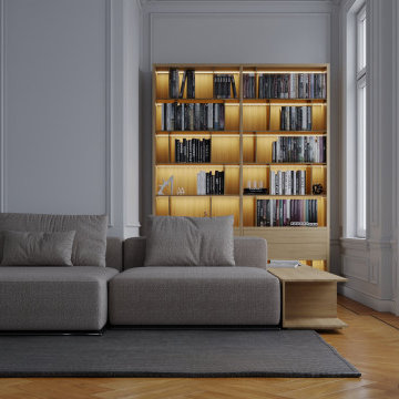 Family room with open shelf library corner