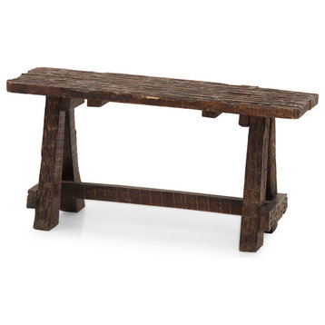 Benzara UPT-69623 Wooden Patio Bench With Retro Etching, Cappuccino Brown