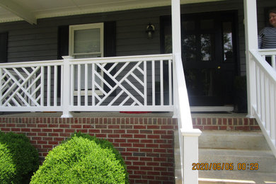 Before and After Front Porch Renovation with vinyl railings