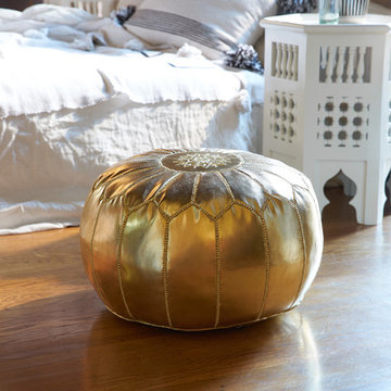 Embroidered Faux Metallic Leather Pouf, Gold