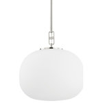 Hudson Valley - Ingels 1-Light Pendant, Polished Nickel - Ingels' elliptical-shaped opal matte glass shade is a refreshing update on a traditional globe. The intricate, buckle-like detail connecting the shade and stem adds a fashionable element to this stand-out pendant. Versatile and usable, Ingels is available in three sizes and two classic finishes.