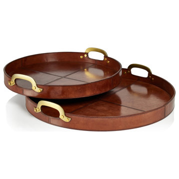 Harlow Leather With Brass Handles Round Tray, Almond Brown, Large- 24"