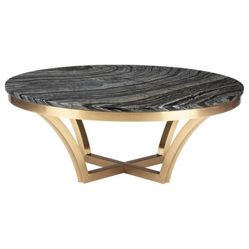Round Marble Coffee Table With Brushed Gold Base, Black Wood Vein Marble