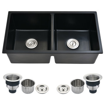 Double Bowl Undermount Kitchen Sink With Basket Strainer