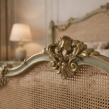 French Rococo Bed Carving Detail with Ornate Floral Scrollwork