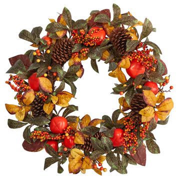 Nearly Natural W1181 26 Autumn Persimmon and Pinecones Artificial Fall Wreath