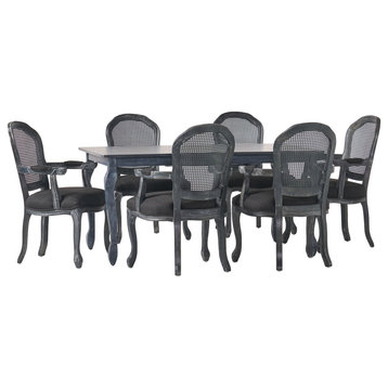 Fescue Fabric Upholstered Wood and Cane Expandable 7-Piece Dining Set, Gray/Black