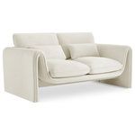 Meridian Furniture - Sloan Cream Velvet Fabric Loveseat - Position this elegantly eye-grabbing Sloan velvet loveseat wherever you need to inject sophistication and beauty into your room. This loveseat features sumptuously appointed soft cream velvet that covers every inch of its softly padded arms, seat, and back cushions, ensuring total bliss while you read or watch TV. A wooden frame adds durability to the design, and the addition of a special matching pillow on the back adds to the chair's overall comfort factor.