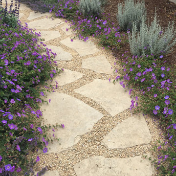 Roxanne geraniums, germander sage, and catmint flank the flagstone and gravel pa