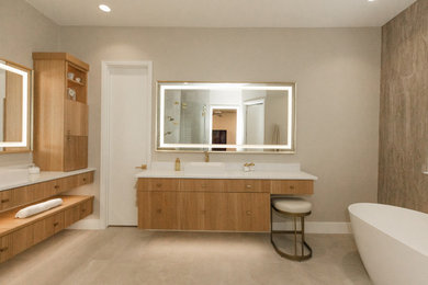 Large master beige tile and porcelain tile porcelain tile, beige floor and single-sink bathroom photo in Dallas with open cabinets, light wood cabinets, a two-piece toilet, beige walls, a vessel sink, quartz countertops, a hinged shower door, white countertops and a floating vanity