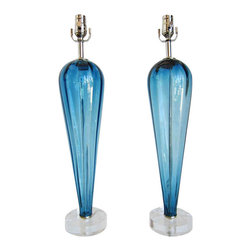Pair of Vintage Blue Murano Teardrop Lamps - Table Lamps