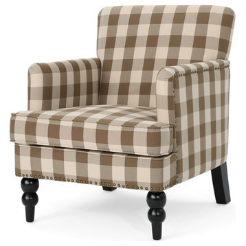GDF Studio Eve Tufted Fabric Club Chair, Brown Checkerboard/Dark Brown