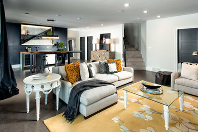 Living room - large transitional formal and open concept medium tone wood floor and brown floor living room idea in Other with white walls, no tv, a standard fireplace and a wood fireplace surround