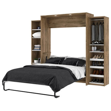Atlin Designs Wood Queen Murphy Bed with Narrow Storage in Rustic Brown/White