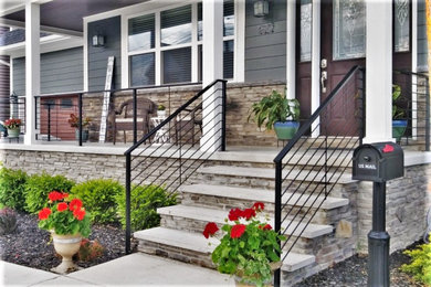 Mid-sized trendy brick metal railing porch idea in Detroit with a roof extension