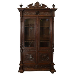 Bookcase Louis XV Vintage French Rococo 1950 Oak Wood Paned Glass 2-Doors Free Shipping