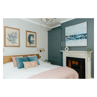 Soft pink and blue master bedroom with recessed storage - Traditional ...