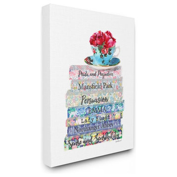 Stupell Ind. Floral Book Stack Tea Cup Canvas Wall Art, 16"x20"