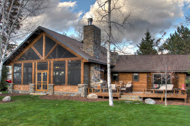 Rustic brown one-story wood gable roof idea in Minneapolis