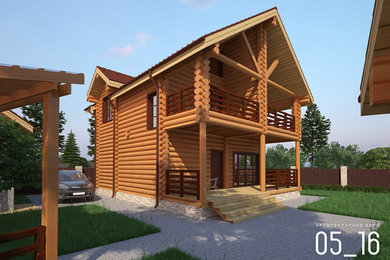 Пример оригинального дизайна: маленький, двухэтажный, деревянный дом с двускатной крышей для на участке и в саду