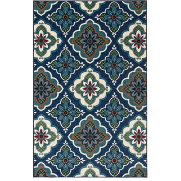 Area Rug, Indoor Outdoor Design With Floral Pattern, Blue-White/7'10" X 9'10"