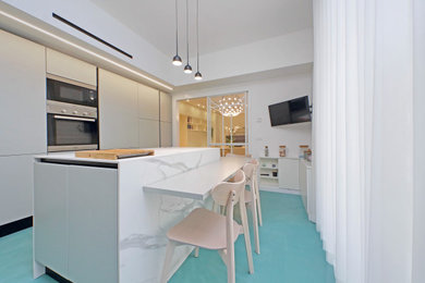 Ispirazione per una piccola cucina design chiusa con lavello da incasso, ante lisce, ante grigie, top in marmo, paraspruzzi bianco, paraspruzzi in marmo, elettrodomestici in acciaio inossidabile, pavimento in cemento, pavimento verde, top bianco e soffitto ribassato