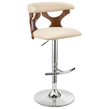 Ruth Adjustable Cream Faux Leather and Walnut Wood Bar Stool With Chrome Base