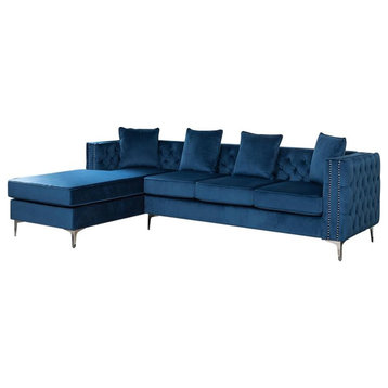 Maklaine Velvet Reversible Sectional Sofa Chaise with Nail-Head Trim in Blue