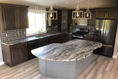 Eat-in kitchen - mid-sized contemporary l-shaped eat-in kitchen idea in Other with a double-bowl sink, dark wood cabinets, quartz countertops, brown backsplash, subway tile backsplash, stainless steel appliances, an island and multicolored countertops