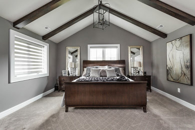 Design ideas for a large master bedroom in Indianapolis with grey walls and carpet.