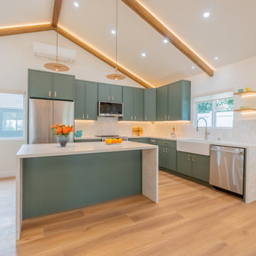 Vaulted Beam ADU Kitchen with Quartz Island & Designer LED Glow In Sherman Oaks,