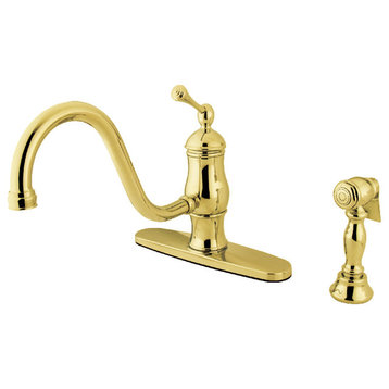 Kingston Brass Single-Handle Kitchen Faucet w/Sprayer and Plate, Polished Brass