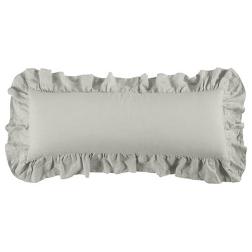 Washed Linen Ruffled Lumbar Pillow, 14" x 36", Gray, 1PC