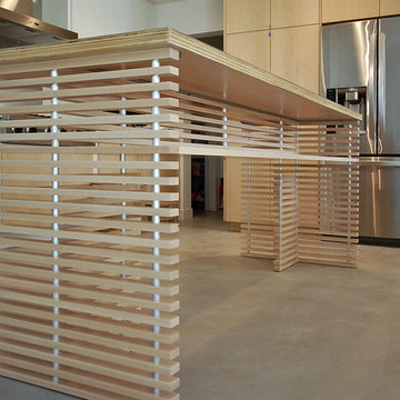 oversized slatted maple + metal kitchen island