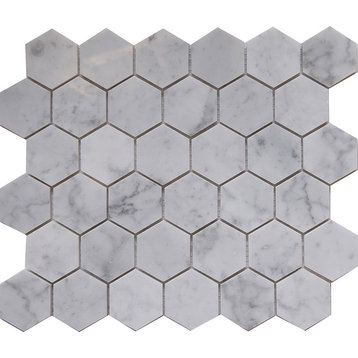 12"x10"Carrara White Marble Mosaic Tile, Hexagon, Honed, Set of 5
