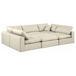 Meridian Furniture - Comfy Upholstered U-Shaped Modular Sectional, Cream, 6-Piece: 3 Armless Chair, 2 Corner Chair, 1 Ottoman, Vegan Leather - Give your space a whole new look with this cream Comfy vegan leather sectional. This handsome sectional fits nicely with other items in the Comfy collection and is a versatile seating option designed for adaptability, comfort and style. Wrapped in rich cream durable vegan leathered upholstery, this sectional offers a plush embrace of overstuffed down feather cushions, carefully crafted to deliver the highest level of comfort. The perfect seat for creating an oasis for relaxation, this sectional has thick foam surrounding its frame for added support and coziness.