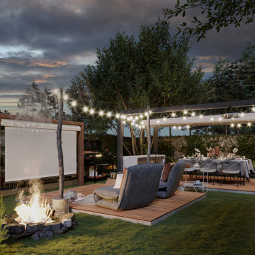 Outdoor Cinema Lounge with Fire Pit & Platform Deck