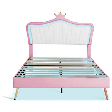 Queen Platform Bed, Princess Design With Faux Leather Upholstery, White/Pink